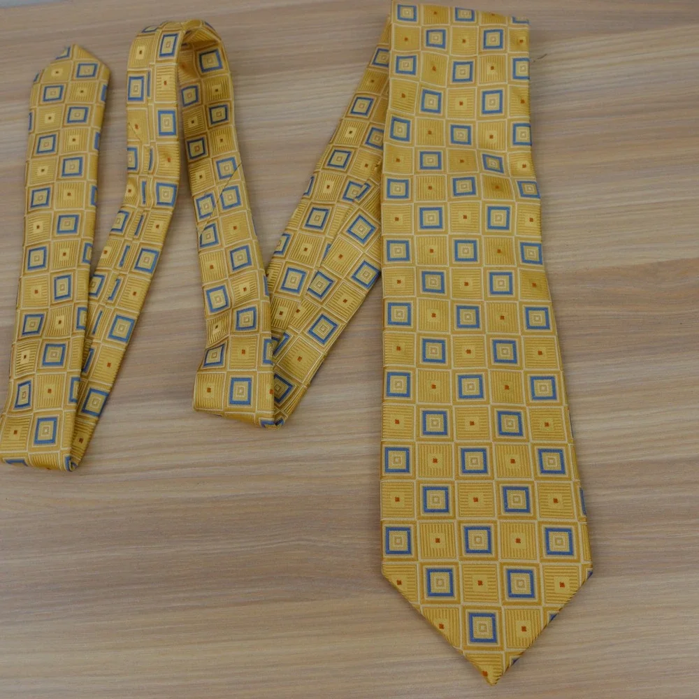 Gold Silk Tie Mens Yellow Geometric Neat 90s Power Dress Jacquard Bright EAGLE